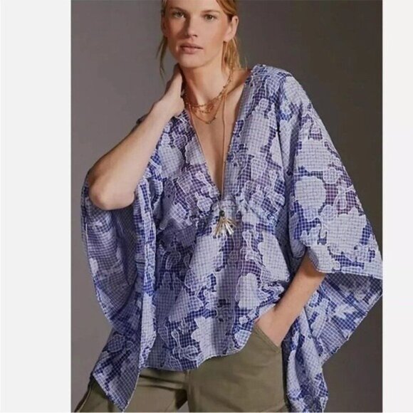 ANTHROPOLOGIE Tie Front Blue Floral Gingham Caftan One Size NEW - Picture 1 of 8